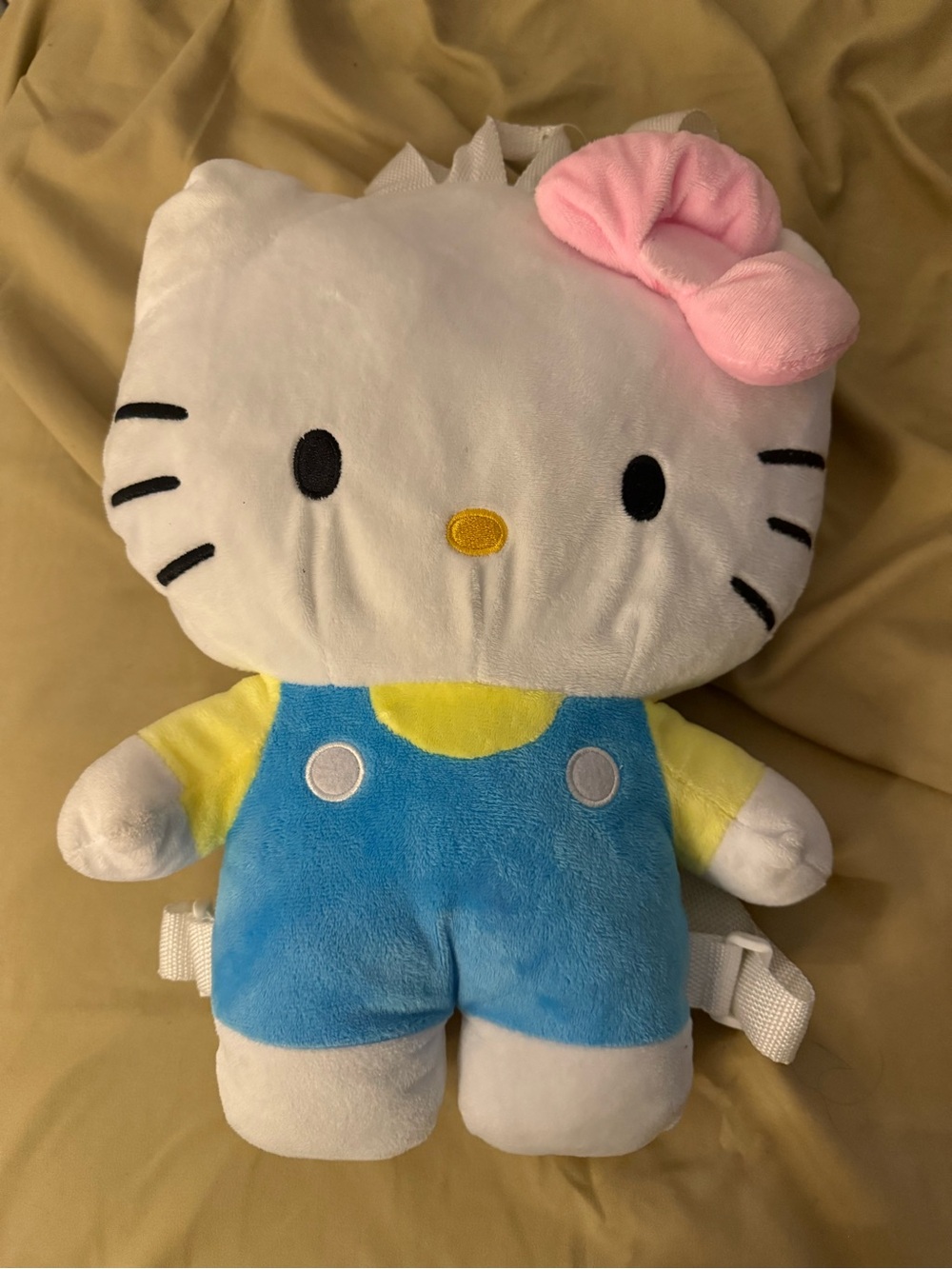 Hello Kitty Plush Backpack in White, Pink Bow, Blue Overalls